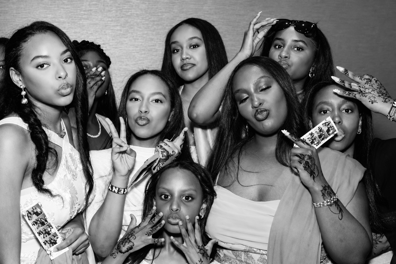 Glam black and white style photo booth portrait at an elegant DC ballroom wedding